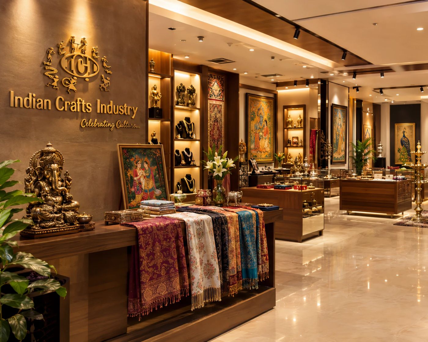 The Indian Crafts Industry logo wall with Ganesha, paintings and Pashmina