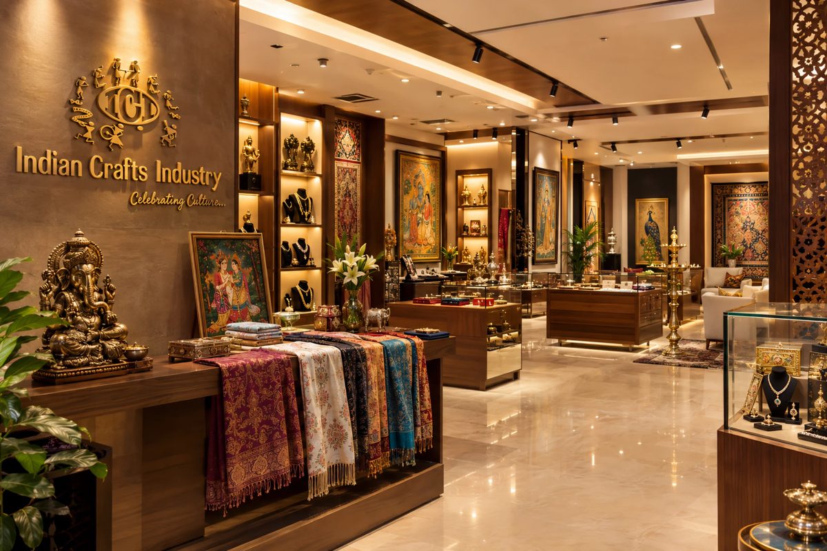 Indian Crafts Industry gallery with the logo wall, a brass Ganesha, paintings, jewellery and Pashmina